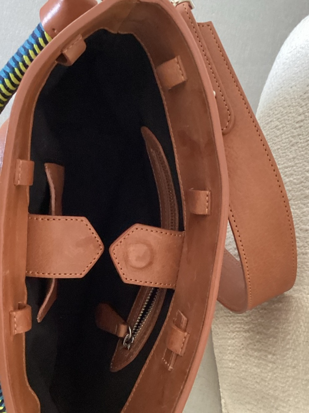 Mecha Mendez Cognac Leather Shoulder Bag with Braided Navy & Neon Handle - Picture 10 of 11